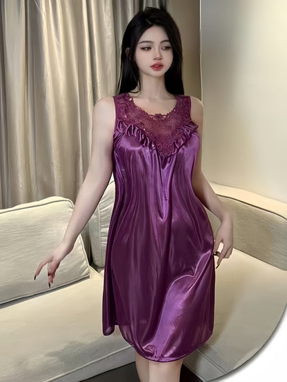 Lady Sexy Solid Color Satin Stitching Lace Pajamas Dress，round Neck Sleeveless Vest Dress，Comfortable Nightgown