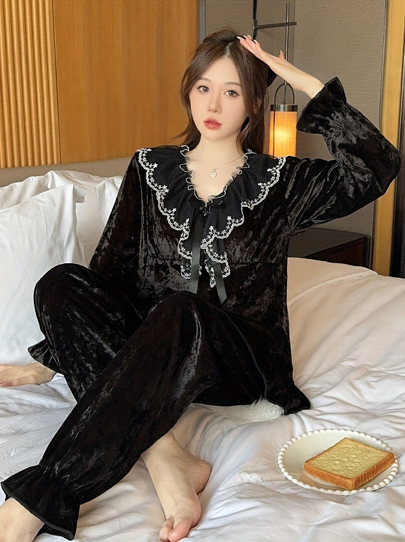 Elegant Velvet Women's Pajama Suit，Lace Trim & Removable Chest Pad - V Collar，Long Sleeve，Ruffled Hem - Spring, Autumn and Winter Perfect Choice