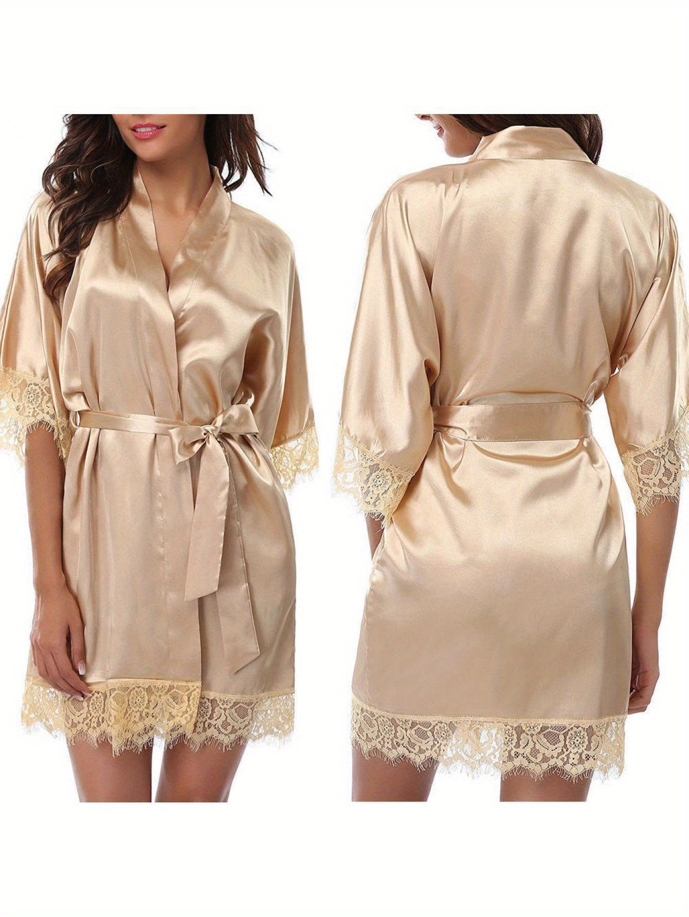 1Elegant Satin Nightdress - Contrast Lace Details，round Neck，Long Sleeve，Solid Color，Woven Polyester Fiber，with Removable Belt - Suitable for Spring and Autumn，Adult Pajamas