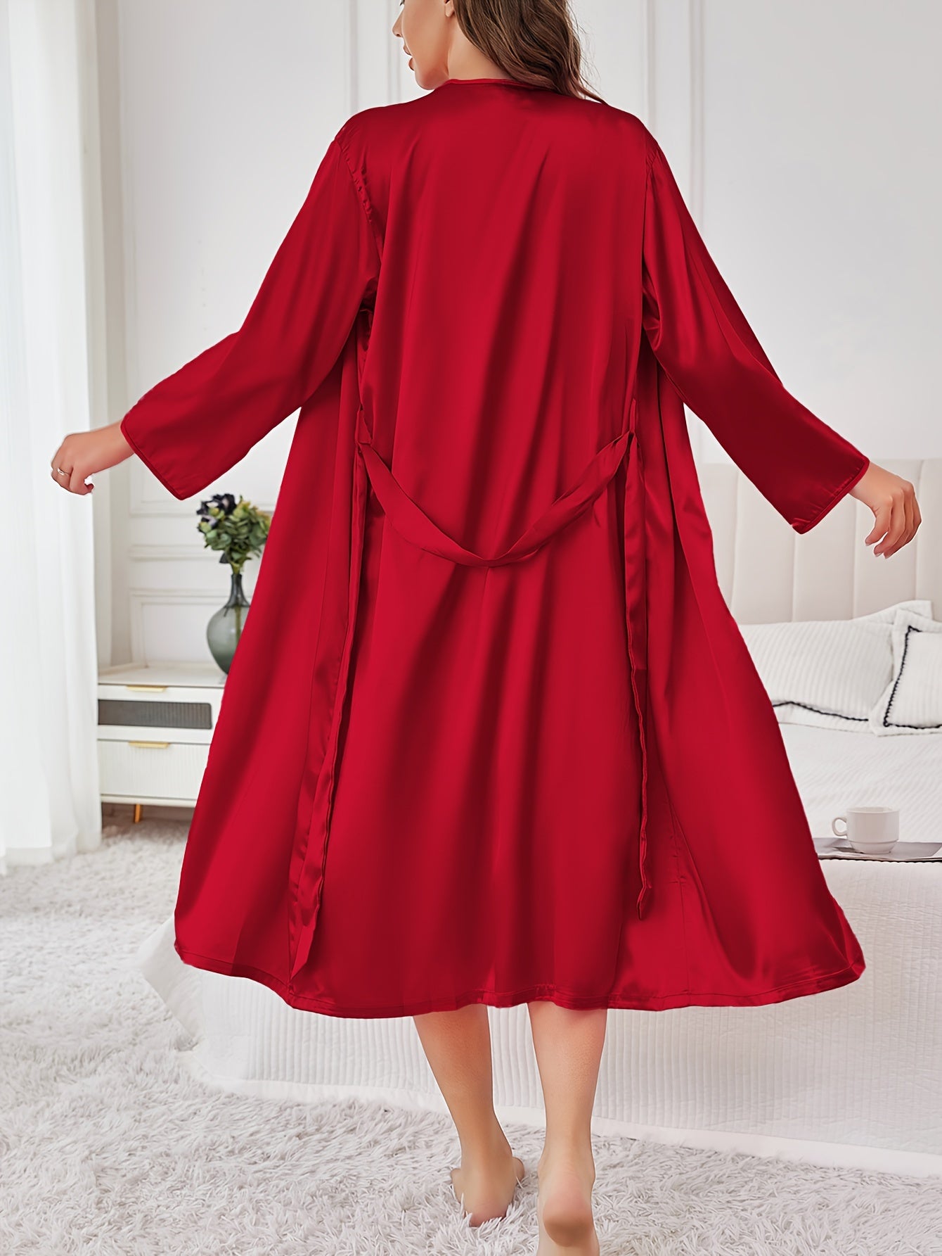 1Elegant Women's Spring and Summer Soft Silky Silk Pajamas Solid Color Sexy Loose Autumn and Winter Long Sleeve Nightgown Cool Breathable Home Clothing Suitable for Home Use