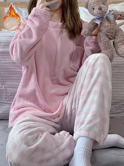 Soft and Warm Pajamas Suit，Comfortable Long-Sleeved Pajamas Top and Plush Plaid Pajama Pants，Ladies' Homewear and Pajamas