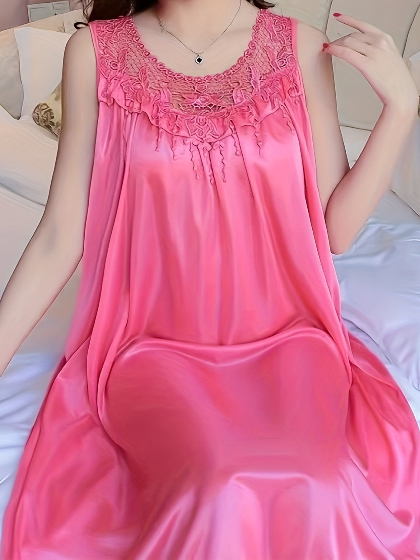 Women's Spring/Summer Ice Silk Home Wear Nightdress Dress Home Wear Lace Stitching Nightdress Comfortable Dress Nightdress