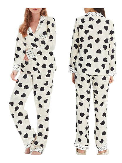 Women's Heart-Shaped Pajamas Suit，Long Cufflinks Shirt，Elastic Waist Belt Trousers，2Pajamas Set