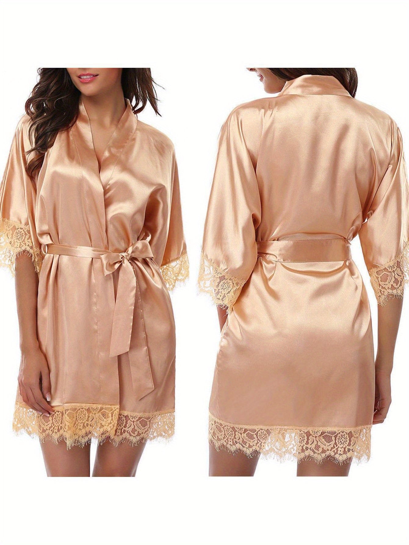 Ladies' robe，Mid-Sleeve Lace Smooth Robe，Bridesmaid Bride Party Satin Robe，Removable Belt Pajamas