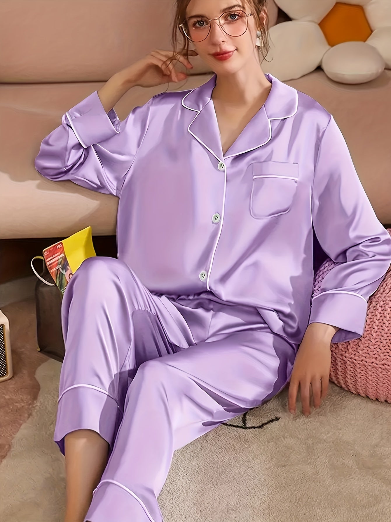 1 Cardigan、Pajamas、Women's Simple Pure Color Comfort Homewear，Button Long Sleeve Pants，Ice silk suit