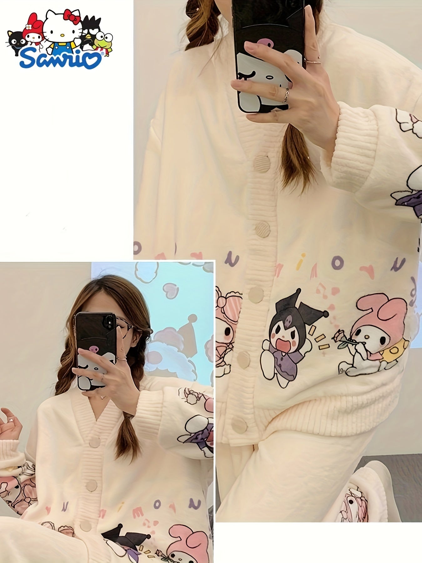 2 Set of Sanrio Authorized Cartoon Pattern Long-Sleeved Pajamas Suit，Thick Warm Loungewear，Sweet Cute Pajamas，Outerwear Homewear 2 Set