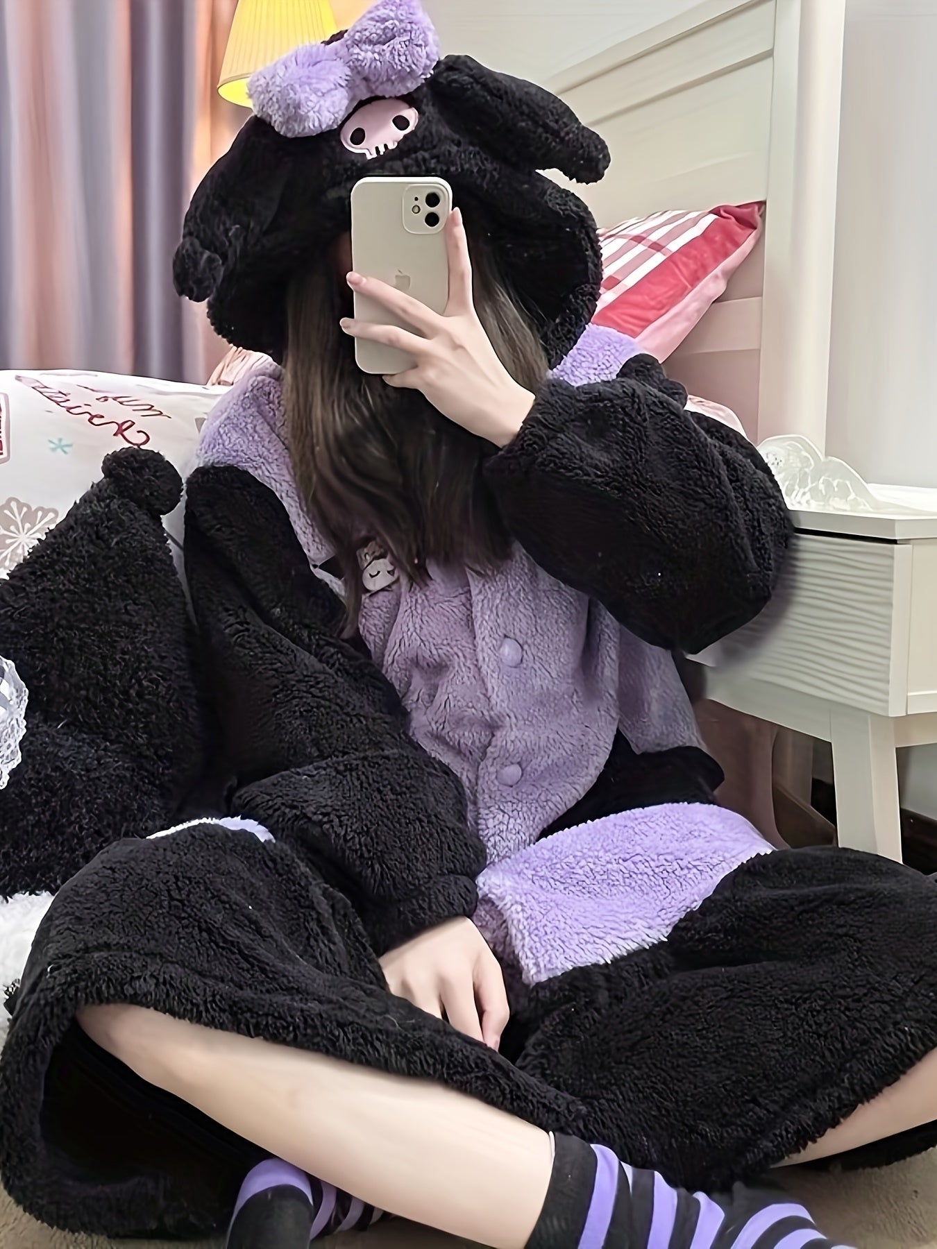 Kuromi Women's Bathrobe Button Bathrobe Women's Hooded Coat Plush Thermal Pajamas Long Pajamas with Cute Pattern Pocket Pajamas