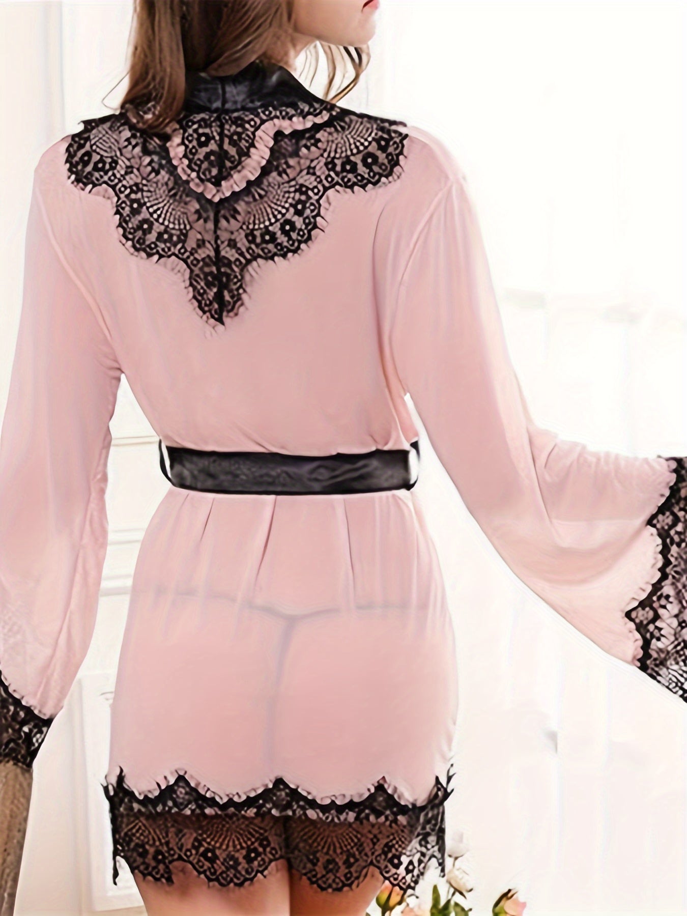 Women's Elegant Cotton Blend V Collar Lace-up Nightdress，Casual Four Seasons Satin Lace Robe，With Color Matching Design