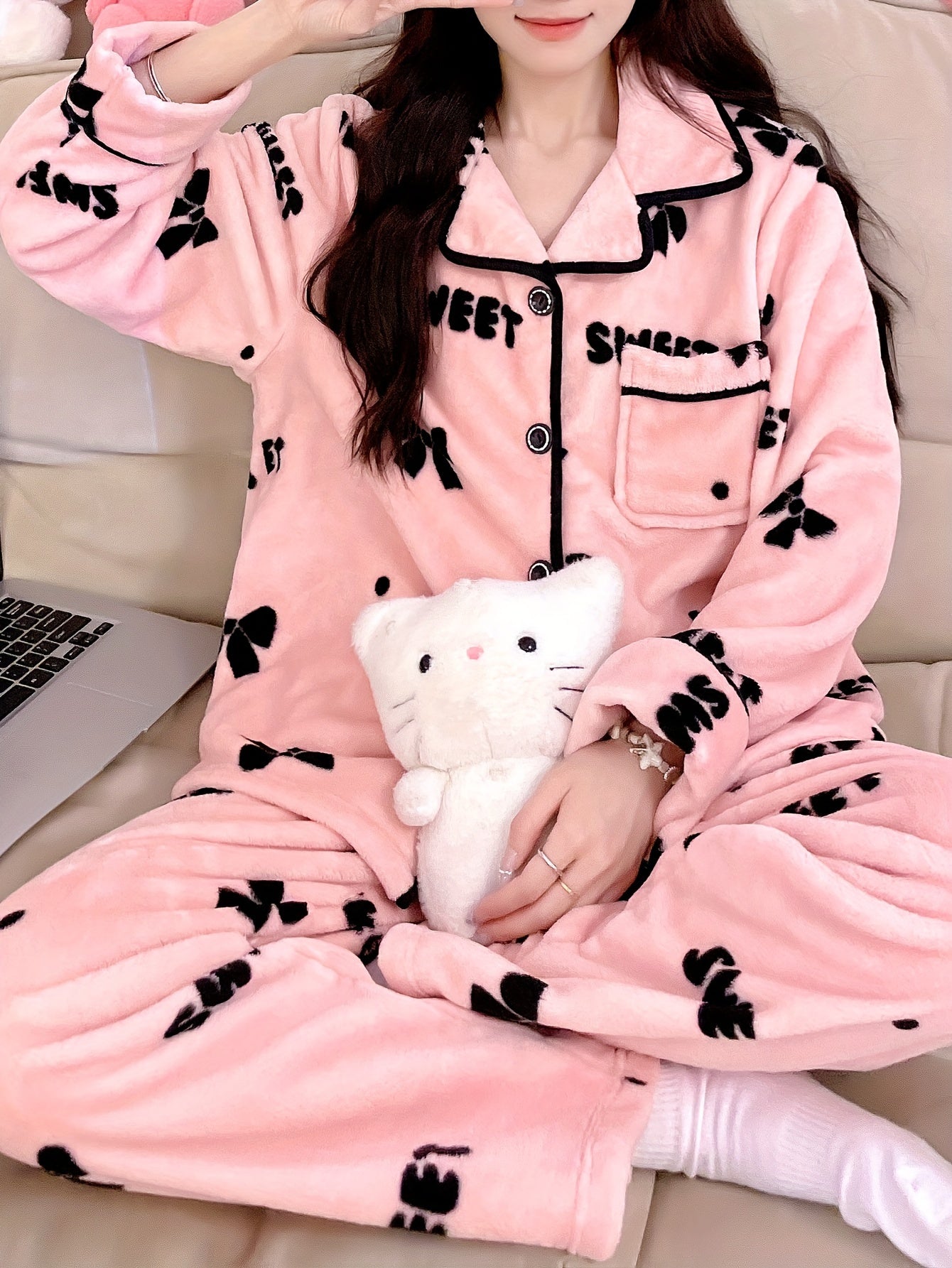 Cartoon Printed Women's Autumn and Winter Fleece-lined Thickened Women's Homewear Pajamas