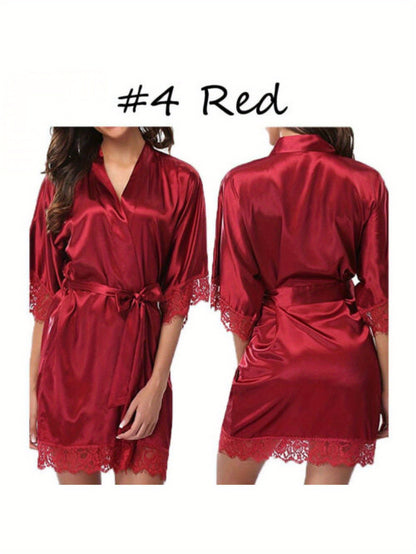 Elegant Women Satin Nightdress，V Collar Design，Inelastic，Solid Color，Polyester Fiber Nightgown，with Lace Sleeves and Removable Belt，Suitable for All Seasons