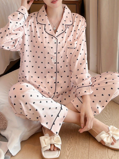 Women's pajama suit，Satin High-Grade Pajamas，Lapel Love Full Print Women's Pajamas，Comfortable Slimming Women's Pajamas - Perfect Gift for Her！