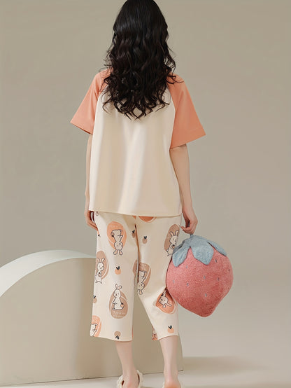 Women's Cartoon Pajamas Suit - Comfortable Polyester Blending，Short Sleeve and Shorts，Round Neck Pullover - Perfect Choice for Summer Home Wear