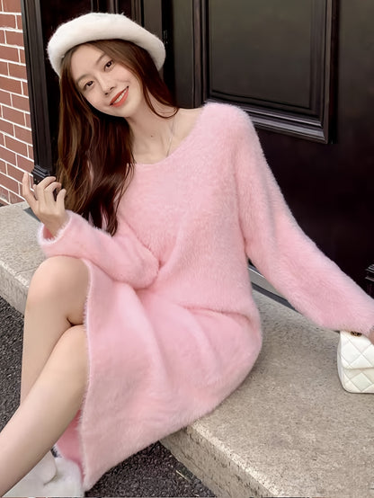 Women's Bohemian Style V Collar Solid Color Polyester Robe - Soft and Warm Autumn and Winter Fake Mink Knitted Sweater，Loose plus Size，Universal Inner Layer，Nifty Pink Nightgown Pajamas