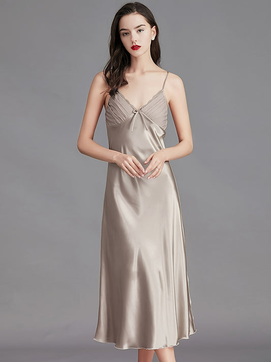 Women Satin Pajamas Sexy Sleepwear Slim Shoulder Strap Stacked Neck Elegant Long Satin Sling Mid-Length Dress