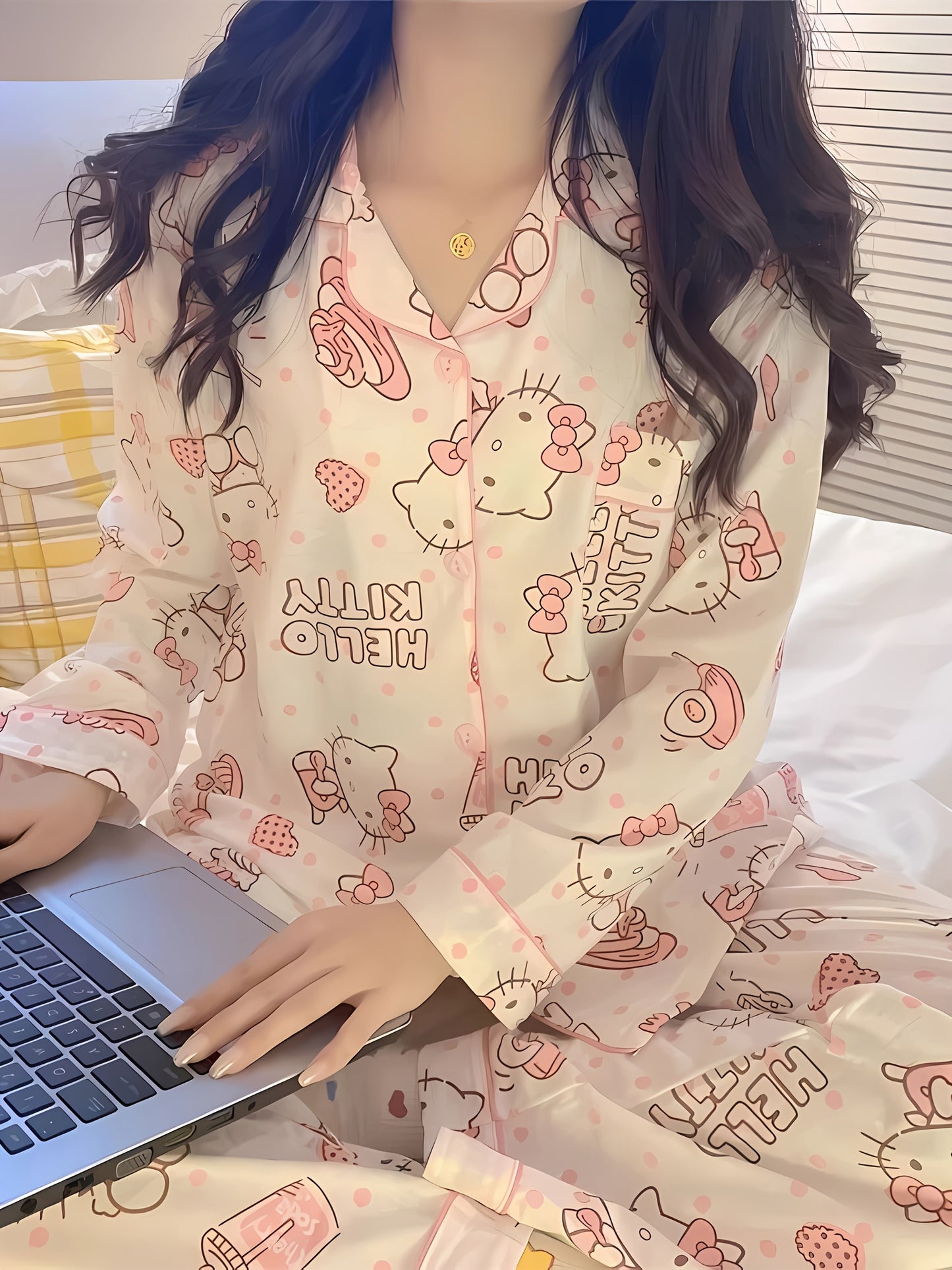 2pc Sanrio Authorization Hello Kitty Cute Fashion Long Sleeve Cardigan Pajamas Suit Casual Loose Two-Piece Suit Pajamas Suit Ladies and Girls