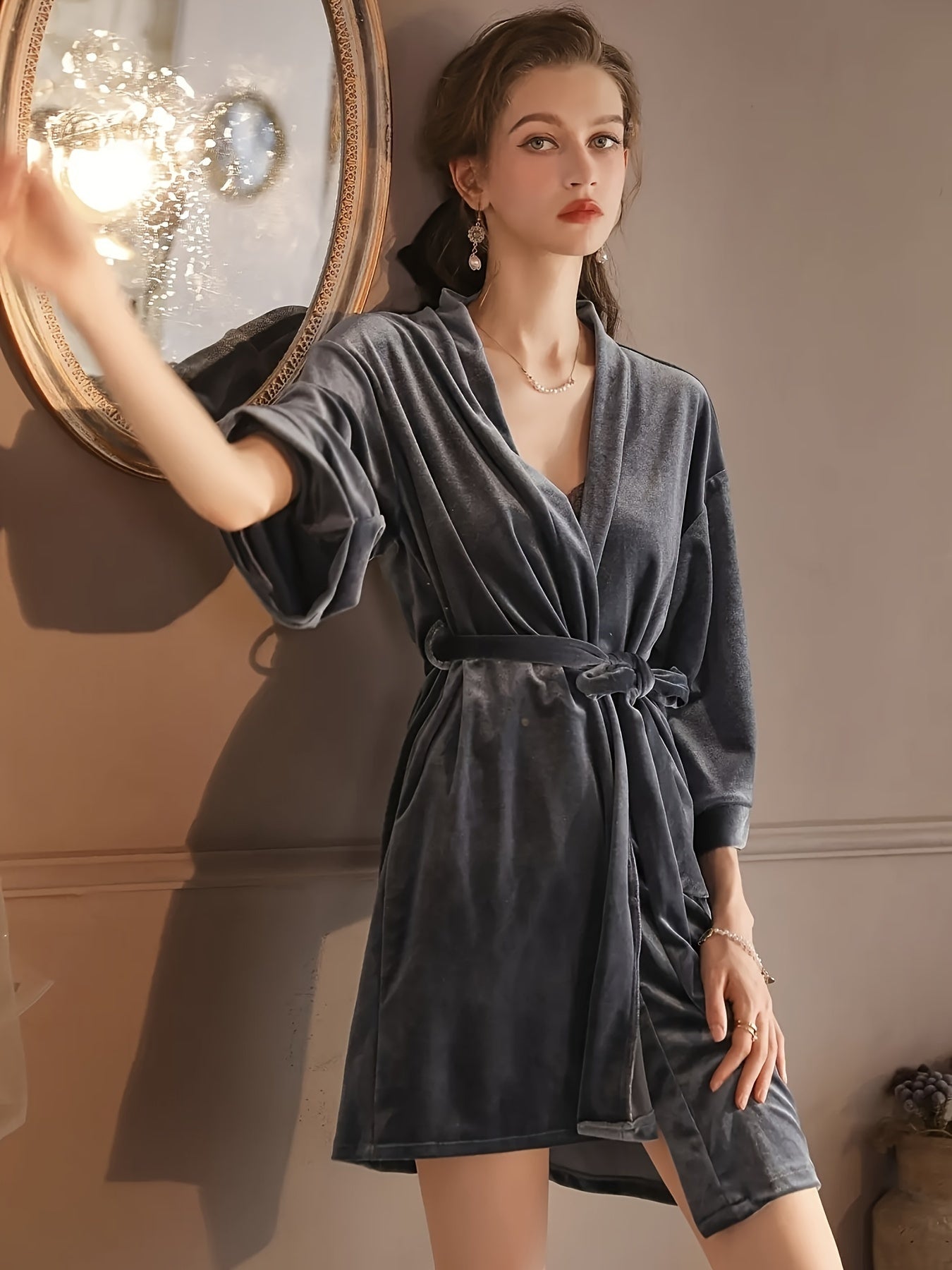 Elegant Women's Pajama Suit - Sexy V Collar Suspender Dress&Lace Robe，Autumn and Winter Comfortable Polyester Blend，Machine Washable