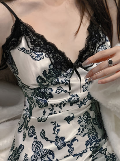 Ink Floral Print Lace Trim Pajamas，Sexy V Neck Backless Side Slit Sling Dress，Women's Pajamas