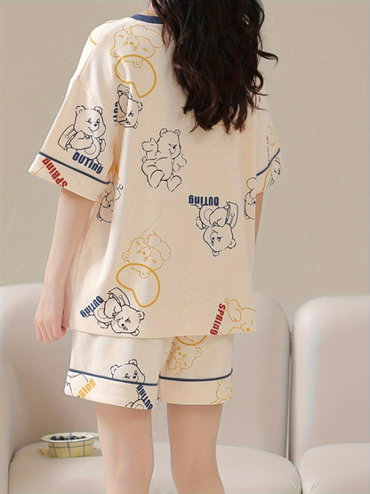 Women's Cute Bear and Letter Print Loose Design Pajamas Suit，Short Sleeve round Neck Top and Shorts，Comfortable Loose Design