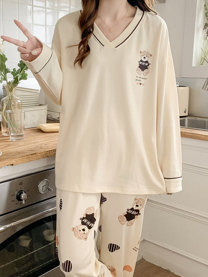 Women's Leisure V Collar Long Sleeve Pajamas Suit，Polyester Knitted Fabric，Elastic Fiber，Letter Pattern，Comfortable Casual Wear，with Pocket，Suitable for Autumn/Winter，Heart-Shaped Bear，Homewear，Two-Piece Set