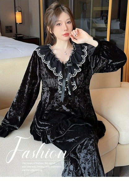 Elegant Velvet Women's Pajama Suit，Lace Trim & Removable Chest Pad - V Collar，Long Sleeve，Ruffled Hem - Spring, Autumn and Winter Perfect Choice