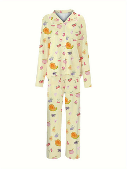 Women's Casual Pajamas Suit Fruit Printed Yellow Homewear Long Sleeve Pajamas Suit - Pajamas Suitable for All Seasons