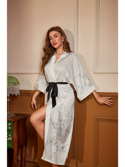 Women's Long Kimono Bathrobe Floral Silk Bathrobe Satin Bathrobe Pajamas Printed Silk Nightgown Wedding Bathrobe