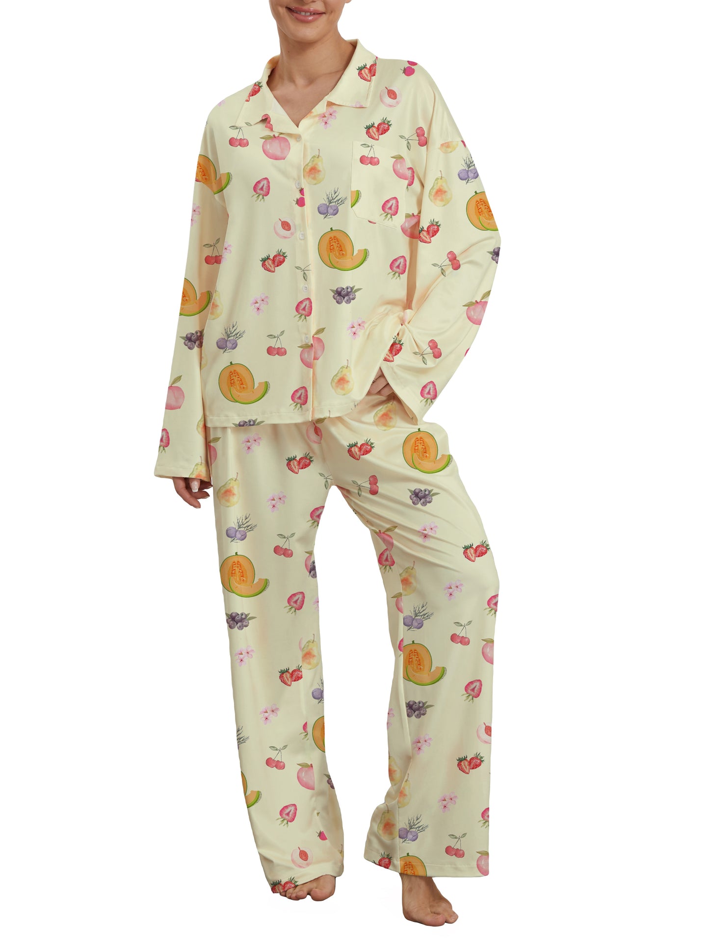 Women's Casual Pajamas Suit Fruit Printed Yellow Homewear Long Sleeve Pajamas Suit - Pajamas Suitable for All Seasons