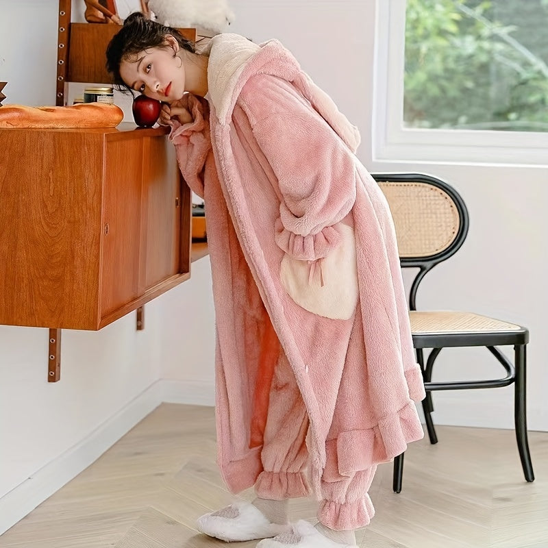 Women's Cute Coral Fleece Nightgown - Long Sleeve Soft Polyester Night Robe，with Pocket，V Collar Winter Thermal Bathrobe，Solid Bubble Skirt Home Wear，with Rabbit Ears and Heart-Shaped Details - Adult Knitted Cloth Autumn Winter Robe