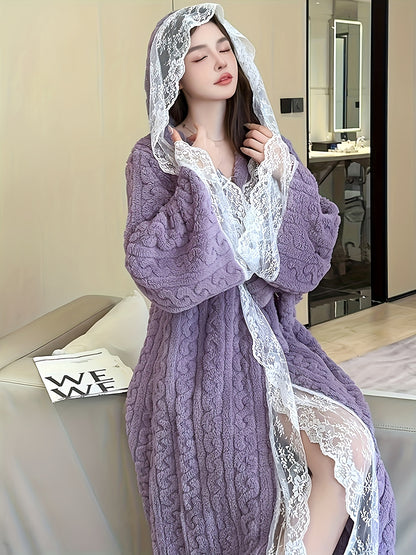 Winter Long Sleeve Lace Stitching Hooded Cardigan Mid-Length Jacquard Sweet Style Hooded Nightgown Fashion Casual Lace up Flannel Comfortable Warm Ladies Sleeping Dress Loungewear Gown