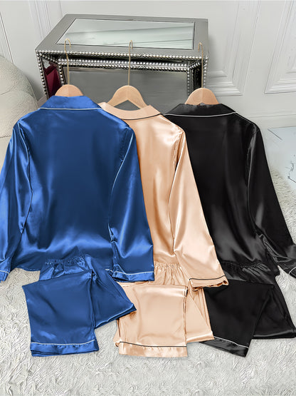 3 Women's Satin Pajamas Suit - Casual Solid Color Long Sleeve Shirt and Elastic Waist Pants，Lapel，Button Details，Woven Polyester，Autumn and winter pajamas