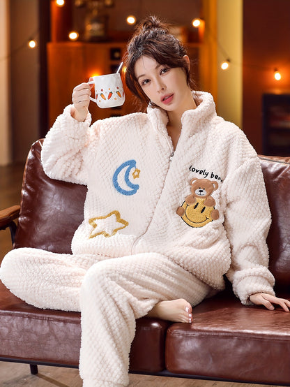 Lady Cute Bear&Moon and XINGX Pattern Wool Extra Thick Casual Suit，Long Sleeve Zipper Mock Neck Pocket Top and Pants，Comfortable and Loose Suitable for Autumn and Winter