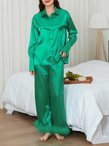 Ladies Two-Piece Set Pajamas，Includes a Button Long Sleeve Shirt and Elastic Pants with Feather Cuffs，Suitable for Casual and Comfortable Sleep Wear。