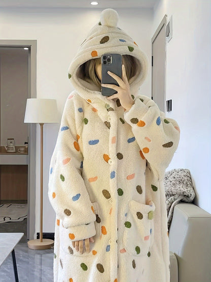 Women's Coral Fleece Pajamas，Bathrobe，Winter Girl Sweet Polka Dot Flannel Hooded Nightdress Home Wear Nightdress