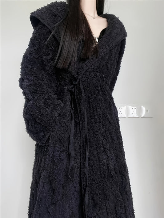 Winter Casual Solid Jacquard Fleece Thickening Nightgown，Long Sleeve Side Knot Hooded Robe，Women's Pajamas and Dress