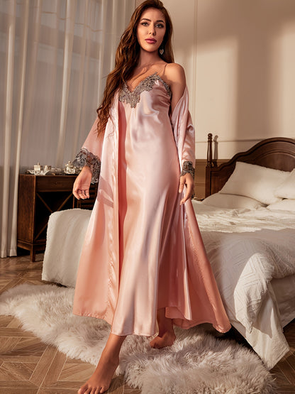 Contrast Color Lace Satin Pajamas Suit，Long Sleeve Robe with Belt and V Collar Strap Dress，Women's Pajamas and Homewear