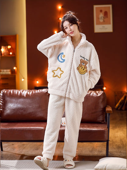 Lady Cute Bear&Moon and XINGX Pattern Wool Extra Thick Casual Suit，Long Sleeve Zipper Mock Neck Pocket Top and Pants，Comfortable and Loose Suitable for Autumn and Winter