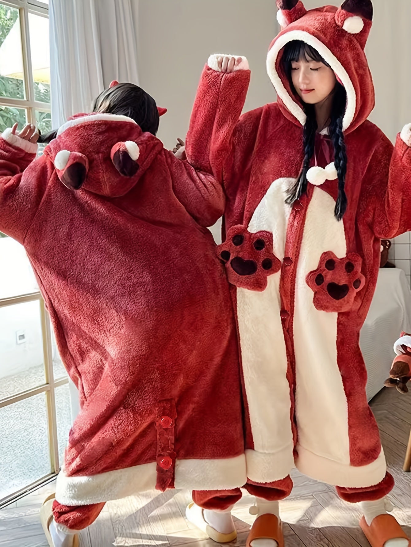 Autumn and Winter Cute Cartoon Fox Plush Thick Night-Robe，Long Sleeve Hooded Loose Pockets Nightgown，Women's Pajamas and Dress