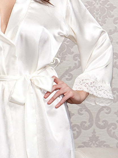 Elegant Women's Satin Nightgown with Lace Trim - V Collar Long Sleeve Kimono Cardigan Pajamas，Machine Washable