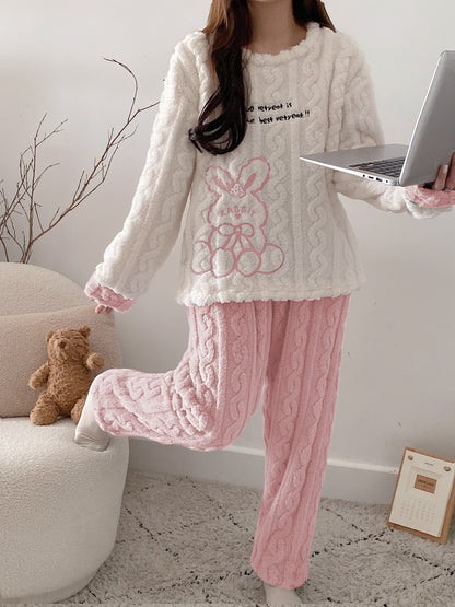 Women's Cute Rabbit and Slogan Embroidered Jacquard Fleece-Lined Thick Style Pajamas Suit，Long Sleeve Round Neck Top and Pants，Autumn and Winter Comfortable Loose Style