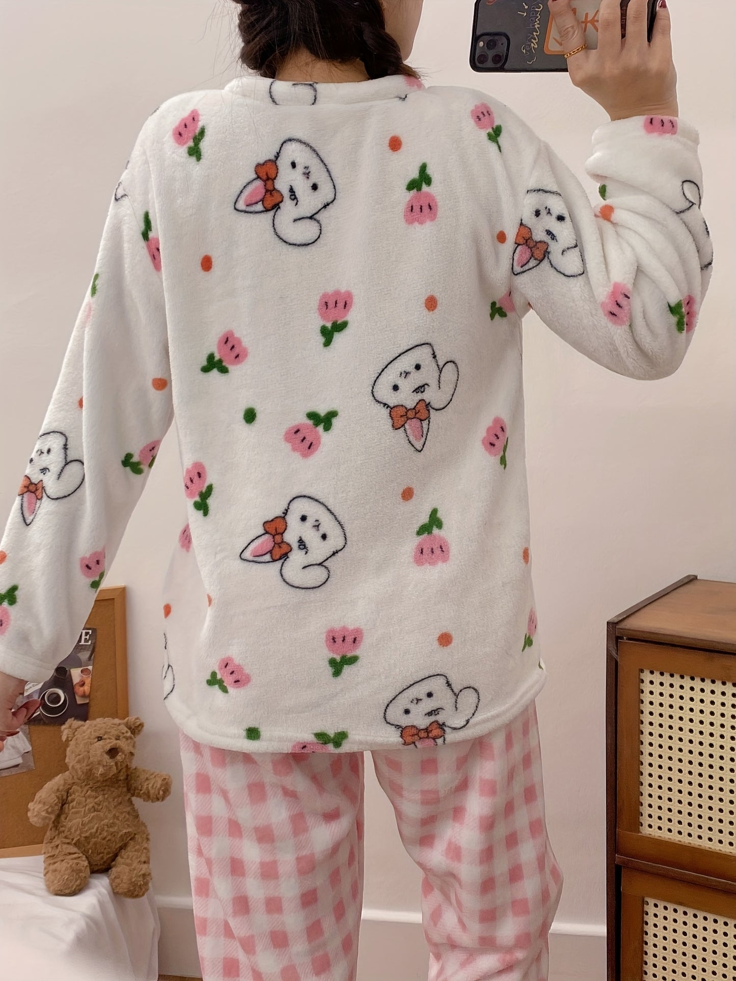 Winter Warm Women's Flannel Pajamas Suit，Cute Bunny Plaid Pattern Casual Homewear Suit