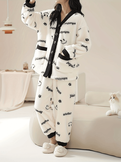 Cozy Cartoon Printed Women's Pajama Suit - Thick fleece V Collar Cardigan and Trousers，Machine Washable