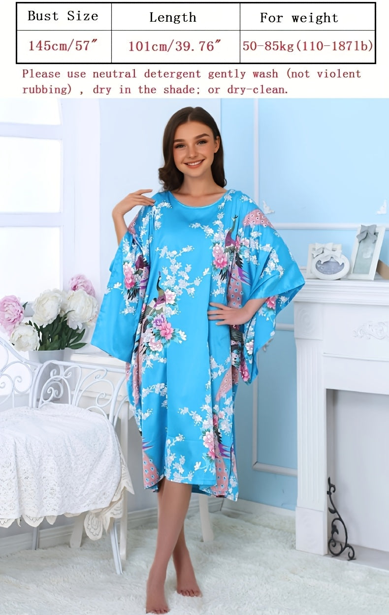 Elegant Women's Floral Peacock Nightdress - Lightweight Breathable Satin Pajamas，Three-Quarter Sleeve，round Neck - Casual Loose，Suitable for Spring/Summer Home Casual Wear