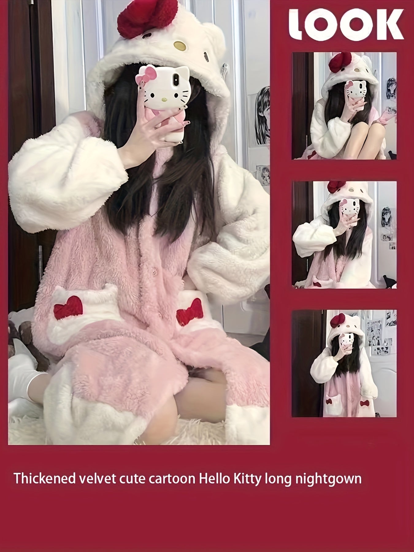 [Authorization] Sanrio Home Wear Women's Plush Thickened Long Nightdress，Hello Kitty Coral Velvet Pajamas Long Sleeve Homewear Thickened Thermal Coral Fleece Homewear，Sweet Cute Pajamas Outerwear Homewear Nightdress