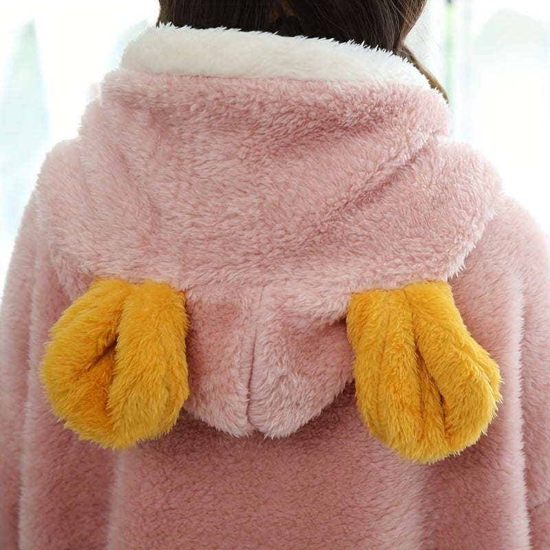 Women's Winter Furry Lamb Fur Oversized Hooded Pajamas Suit，with Cute Cartoon Letters，Comfortable and Warm Adult Homewear