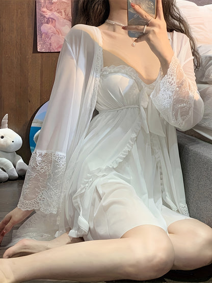 Adult Elegant Royal Style Polyester Night Robe Suit - Contrast Lace Details，Spaghetti Strap Solid Color Nightgown with Padded Vest，All Season Woven Casual Suit