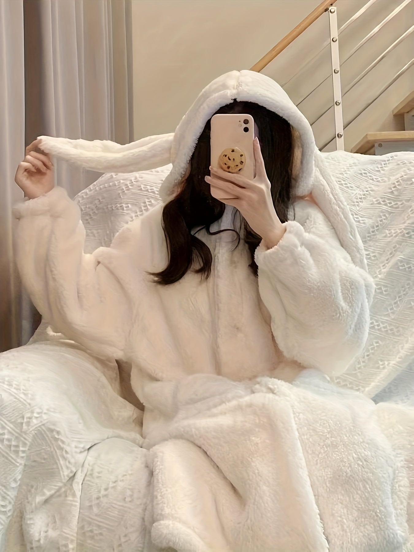 Women's Comfortable Fleece Rabbit Ear Hooded Robe - Cute Cartoon Rabbit Pattern，Long Sleeve，Button Casual Dress with Pockets，Machine Washable - Perfect Choice for Autumn and Winter