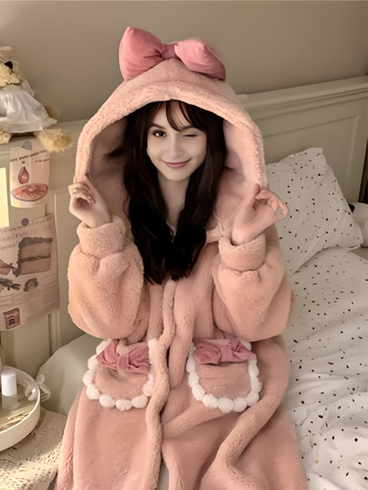 Mid-Length Casual and Comfortable Home Warm Thick Coral Fleece Bow Pocket Cardigan Pajamas Sweet Cute Simple Fashion Thickened Loungewear Wearable Blanket Women Pajamas without Pants Women Pajamas Bathrobe Pajamas