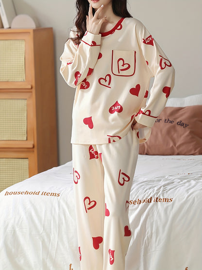 Comfortable Heart Printing Women's Pajama Suit - Long Sleeve and Pants，Soft Polyester Blending，Machine Washable - Spring/Perfect Choice for Autumn