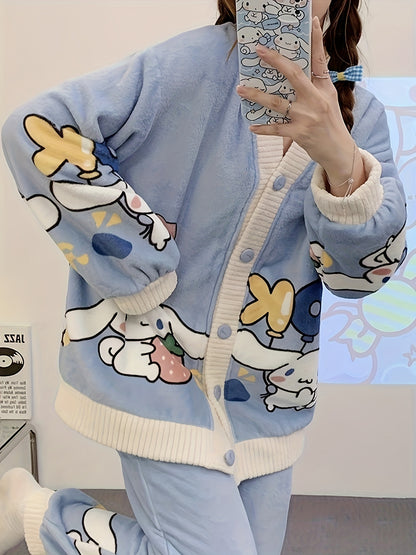 2 Set of Sanrio Authorized Cartoon Pattern Long-Sleeved Pajamas Suit，Thick Warm Loungewear，Sweet Cute Pajamas，Outerwear Homewear 2 Set