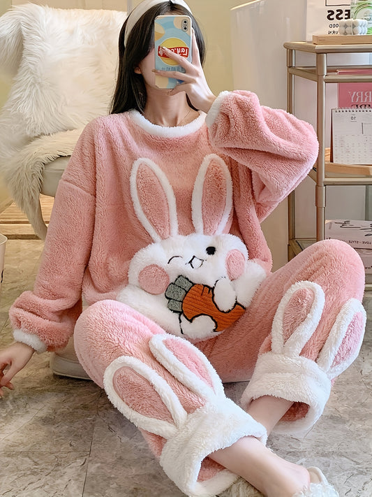 Women's Cute Rabbit and Carrot Decoration Fleece-Lined Thick Style Pajamas Suit，Long Sleeve Round Neck Top and Pants，Autumn and Winter Comfortable Loose Style